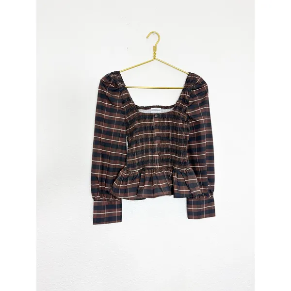Peppermayo Joyce Long Sleeve Cotton Shirred Top Size 6 Chocolate Check Smocked - Image 4