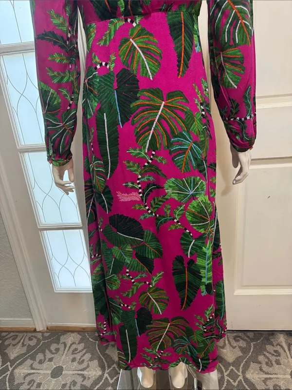 Farm Rio Boho Tropical Print Long Sleeve Maxi Dress in Fuchsia Size Small - Image 12