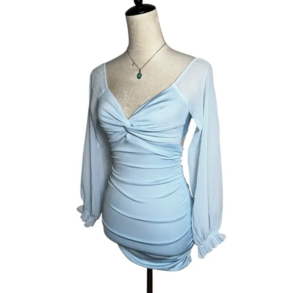 Lucy in the Sky‎ Baby Blue Mesh Sleeve Mini Dress XS | Romantic Pastel Soft Girl - Image 4