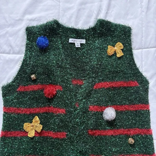 99‎ Jane Street Christmas Cardigan Womens Medium Green Open Front Holiday Vest - Image 2