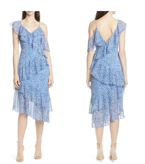 Alice + Olivia Olympia Blue Floral Print Silk Ruffled Asymmetric Midi Dress 2 - Image 2