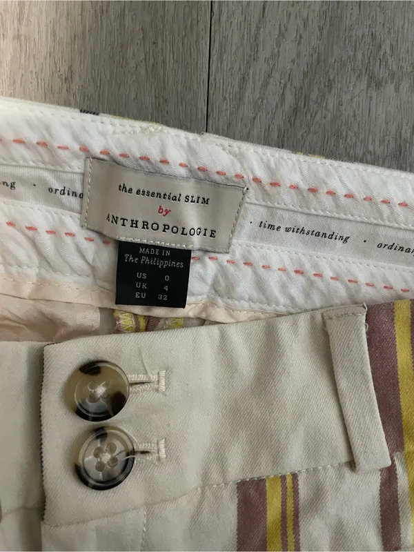Anthropologie White Cotton-Blend Pants with Yellow & Pink Stripes - Image 2