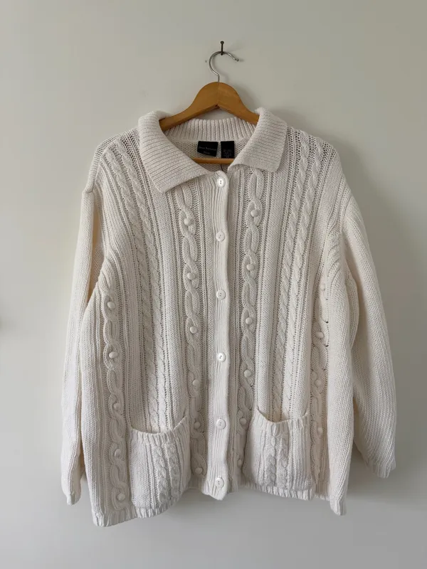 Jenny Buchanan White Cable Knit Vintage Cardigan Sweater - Image 2