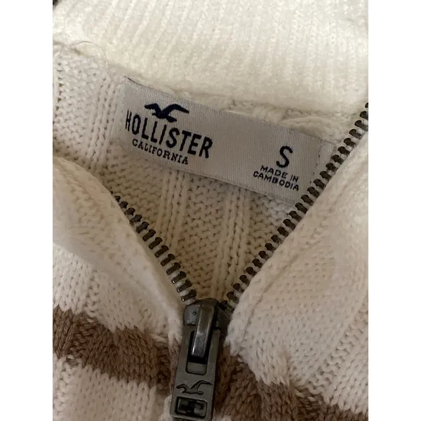 Hollister Womens White Brown Cable Knit 1/4 Zip Collared Polo Sweater Top Size S - Image 5