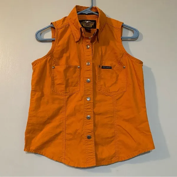 Harley Davidson Moto Sleeveless Orange Button Down Shirt Size Small - Image 11