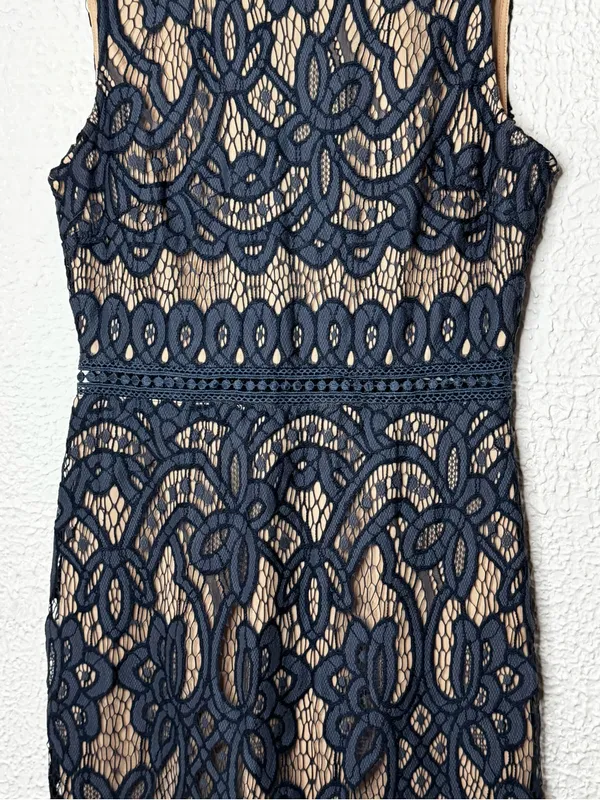 Lulu's Lovely Dusty Blue Lace Midi Dress with Nude Lining - Image 3