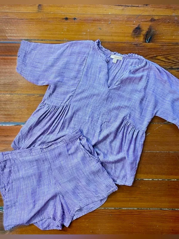 Kyra Purple & White Stripe 100% Viscose Lounge Short Set Pockets Sz M💛🎀 - Image 3