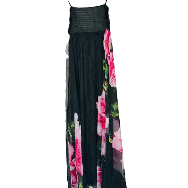 ONE33 SOCIAL Black Pink Floral Roses Chiffon Strapless Maxi Gown size 0 - Image 5
