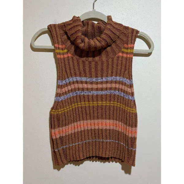Free People L Edith Striped Turtleneck Sweater Brown Crop Tank Sleeveless Ribbed - Image 4