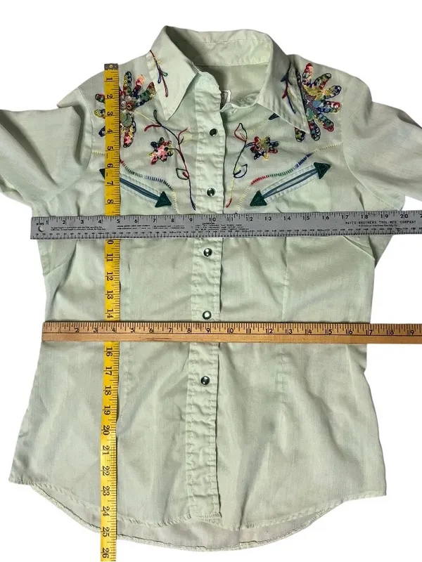 H BAR C Ranchwear California Western Shirt Green Embroidered Vintage 1970’s - Image 5