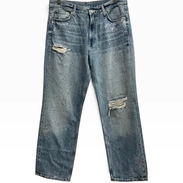 Zara TRF Straight Leg‎ Rhinestone Jeans Blue Size 10 High Rise Distressed - Image 2