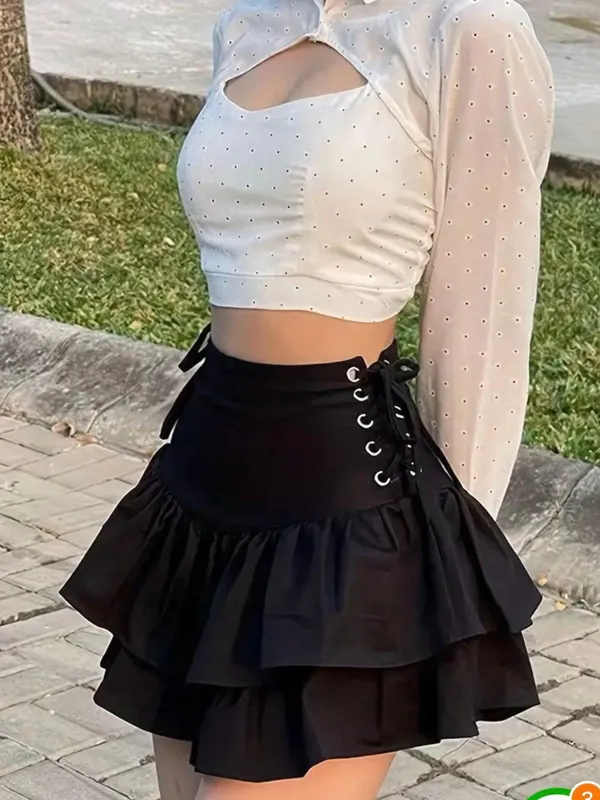 Black Drawstring Layered Ruffle Skirt Size M - Image 2