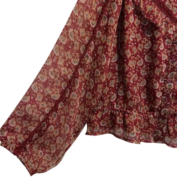 NWOT..American Eagle Women's Boho Peasant Bell Sleeve Burgundy Floral Blouse - Image 4