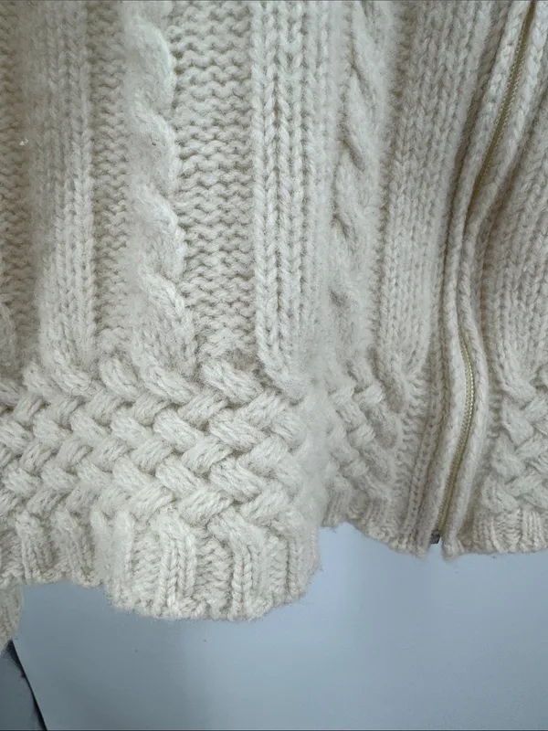 Aran Crafts Cream Cable-Texture Turtleneck zip up cropped cardigan 100% wool M - Image 11