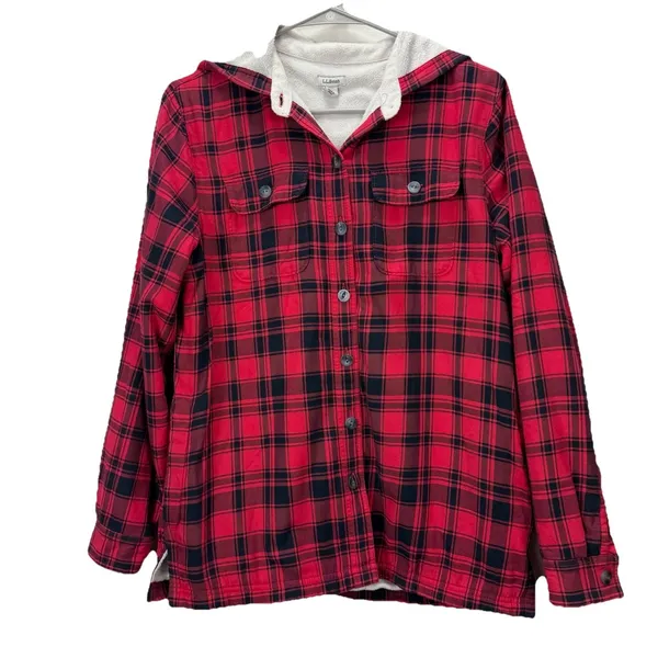 LL Bean Red Buffalo Plaid Fleece Lined‎ Flannel Hooded Shirt Jacket Shacket XS - Image 2