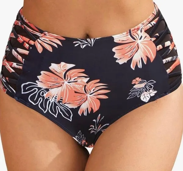 Black and Orange High-Waisted Bikini Bottoms with Floral Print - Image 7