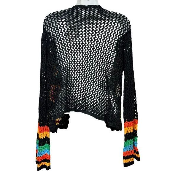 Womens Black Crochet Granny Square Open Front Cardigan Multi Color Boho Size L - Image 3