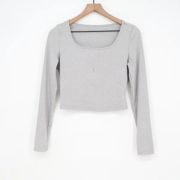 SHEIN Womens Heather Grey Ribbed Square Neck Long Sleeve Crop Top Size M - Image 2