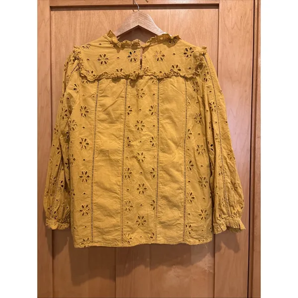 J.CREW Blouse Mustard Floral Embroidered Eyelet Long Sleeve Ruffle‎ Top Medium - Image 4