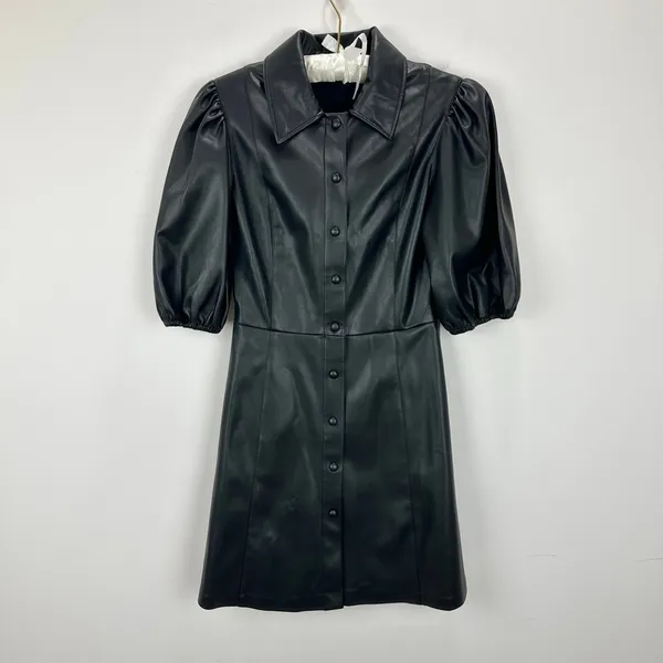 Lime Faux Leather Mini Dress Black Minimalist A Line Puff Sleeve Collared XS - Image 2