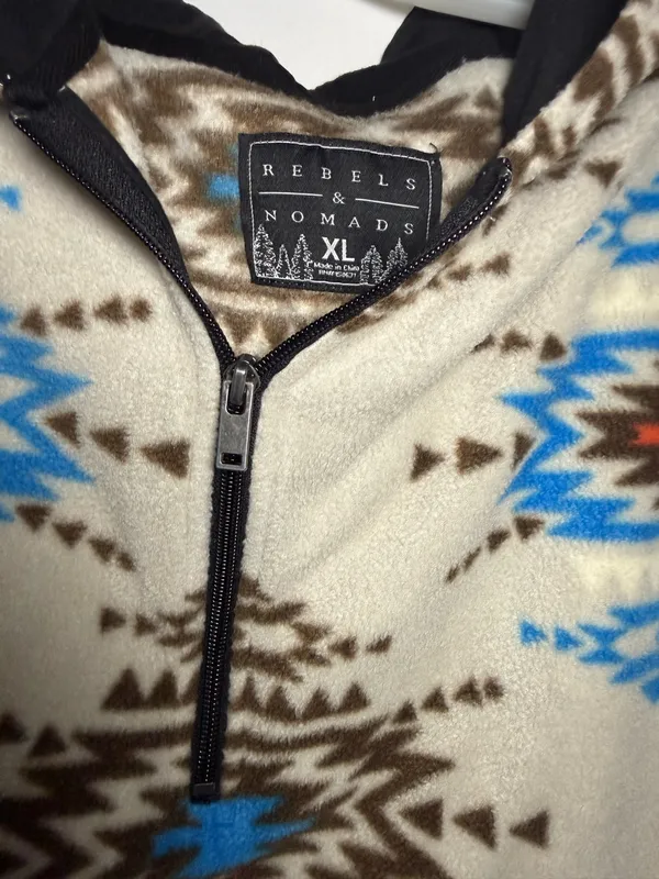 Rebels & Nomads Men XL Fleece Southwest Aztec Hooded Pullover Blue White 1/4 Zip - Image 3
