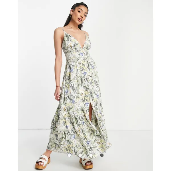 Abercrombie & Fitch Plunge Linen Blend Maxi Dress in Tropical Print, XS - Image 3