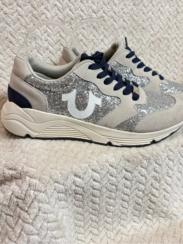 True‎ Religion Esther Silver Glitter Sneakers US 8 Suede Trim Chunky Y2K - Image 2