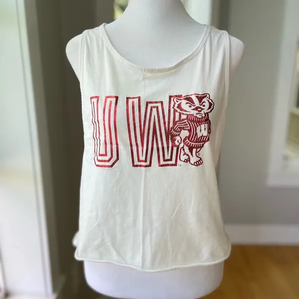 PINK UW Madison Badgers Cropped Backless Foil Print Graphic Tank Top Sz Large - Image 10