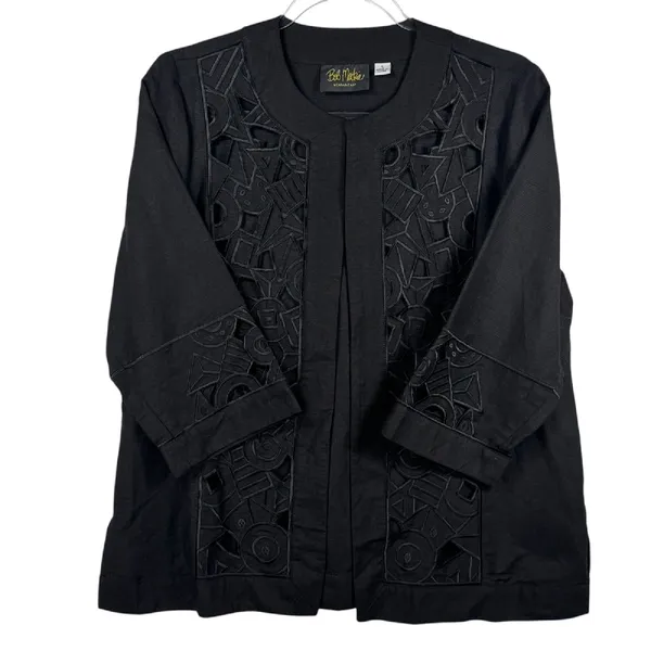 Bob Mackie Wearable Art Jacket Open Front‎ Geometric Cutout Black Small Linen - Image 7