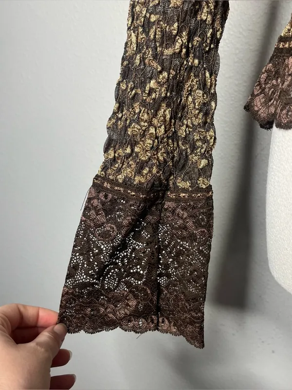 Y2K Vintage Ann Ferriday Chocolate Brown Floral Lace Tie Front Cardigan Top - Image 5