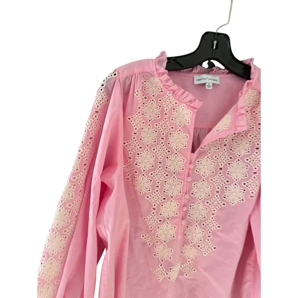 Gibson Latimer Pink‎ Cotton Eyelet Embroidered Balloon Sleeve Blouse Womens M - Image 2