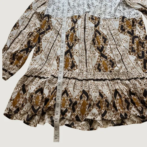 Free People Mixed Print V-Neck Tunic Mini Dress Brown Cream Mustard Size M - Image 7