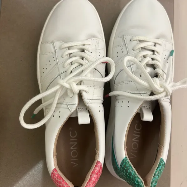 Sneakers White Leather Women's Sneakers with Green Heel Accent 6 by Vionic - Image 5