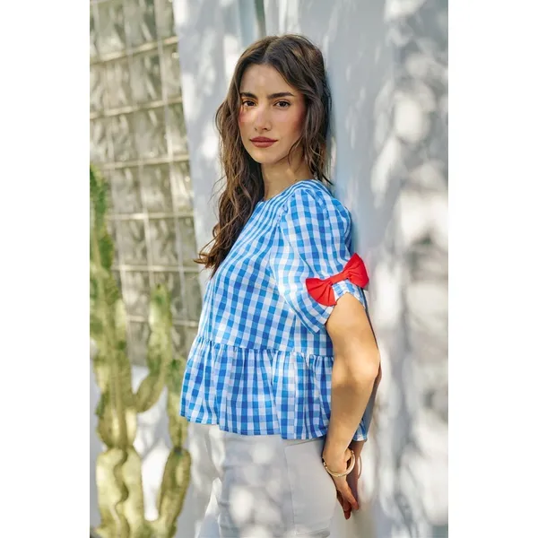 SO‎ ME 4th Of July Gingham Ribbon Detail Short Sleeves Blouse - Large - Image 8