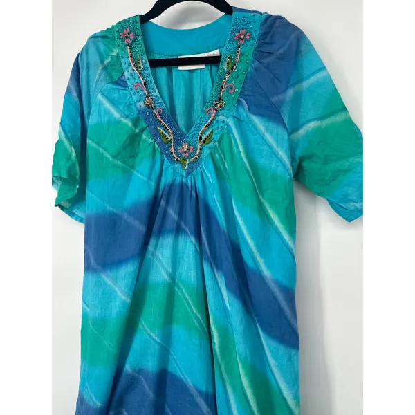 Vermont Country Store Midi Dress Women 1X Blue Tie Dye Embroidered Beaded Boho - Image 2