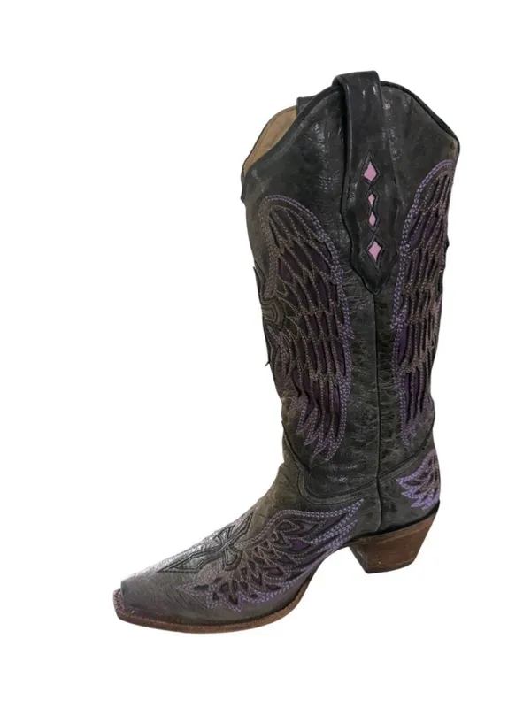 Corral Boots Women's Distressed Black Winged Cross Purple Inlay Boots Size 9 - Image 6