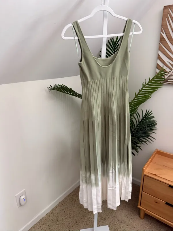 Staud Tie Dye Ellison Dress Sleeveless Pleated Midi A-Line Green & White Small - Image 5