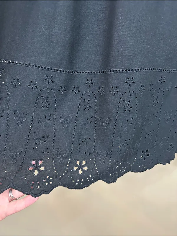 Old Navy Black Linen Blend Eyelet Lace Flutter Sleeve Empire Swing Dress Large - Image 10