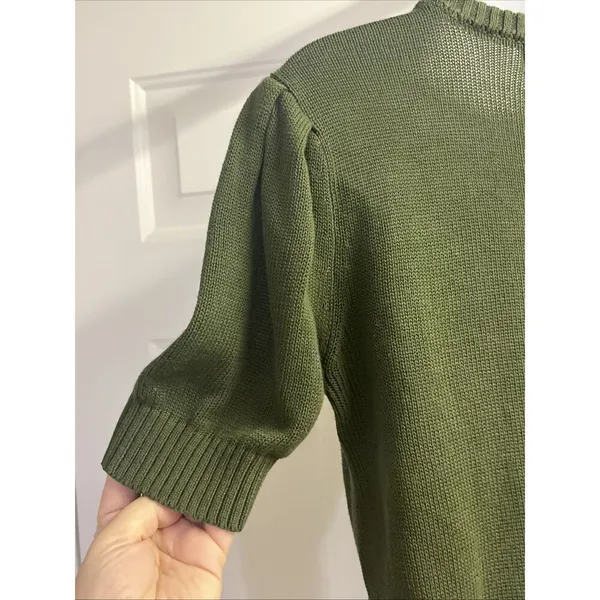 ModCloth Olive Green Knit Puff Short Sleeve Sweater Light Purple Ribbon- Medium - Image 10