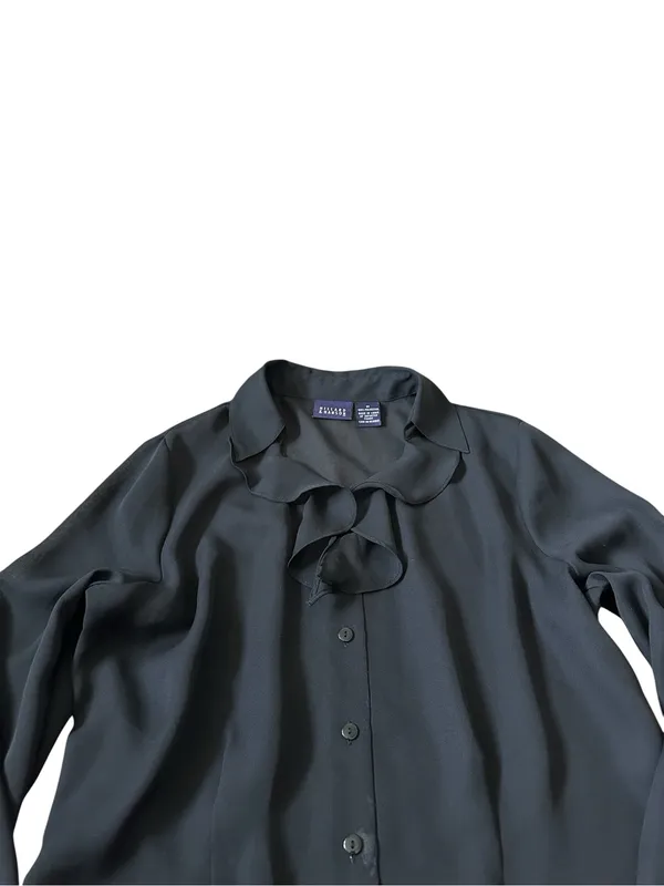 Vintage Chiffon Ruffle Button Up Blouse Bell Sleeves Semi Sheer Dark Victorian - Image 3