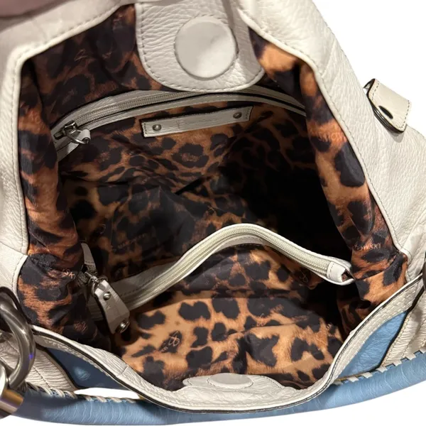 B. Makowsky Blue and Cream Shoulder leather laptop message Bag leopard lining - Image 5