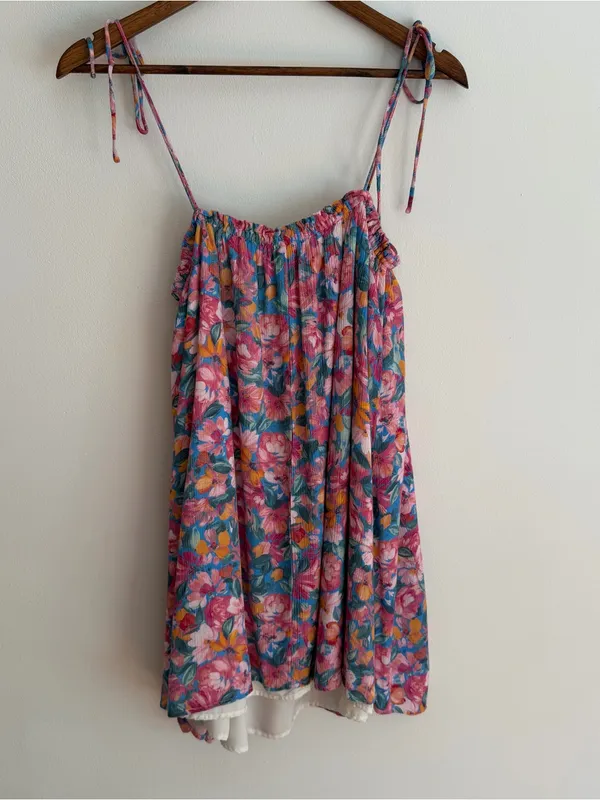 Sadie & Sage Floral Mini Dress Tie Shoulder Straps Smocked Pink Blue Large L - Image 4