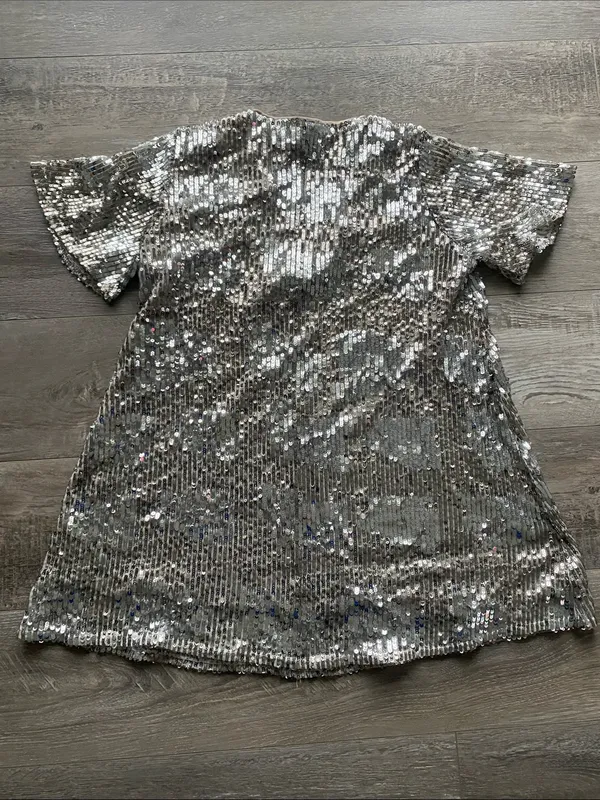 Zara Silver Sequin V-Neck Mini Swing Dress Womens Sz Medium Holiday New Year - Image 6