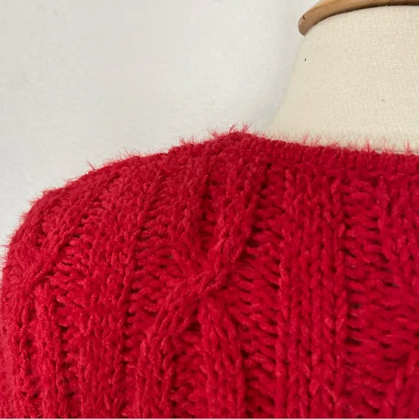 Solid Red Cable Knit V-Neck Cropped Sweater - Image 8