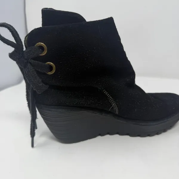 Fly London Suede Wedge Ankle Boots Black Lace Up Back Women Size 38 - Image 10