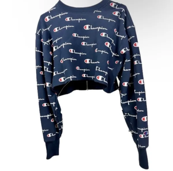 Champion All-Over Logo Print Cropped Crewneck Sweatshirt - Navy Blue - Image 3