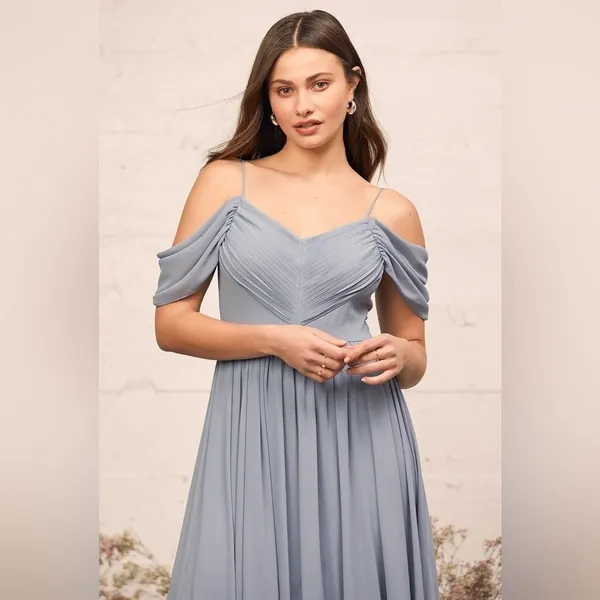 Lulus Lost In The Romance Chiffon Gown Slate Blue Small Prom Bridesmaid Formal - Image 2