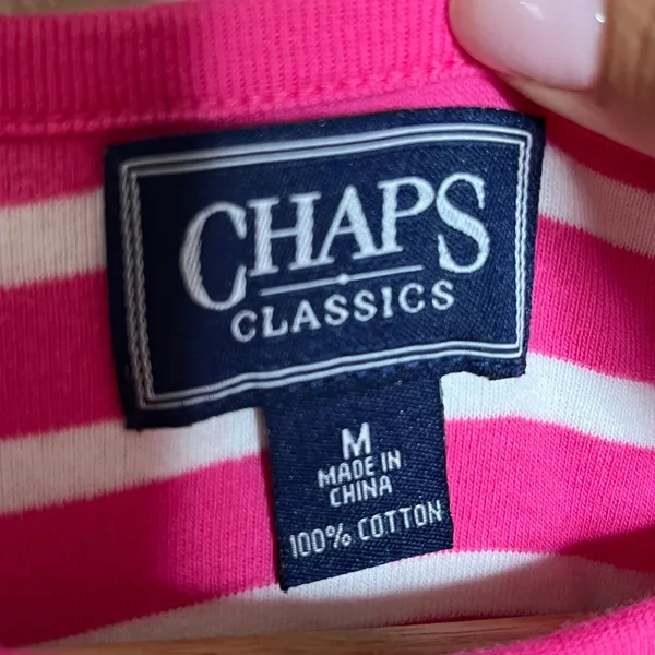 Chaps Classics Pink White Striped Cotton Button Shoulder Tee Shirt Womens Medium - Image 4