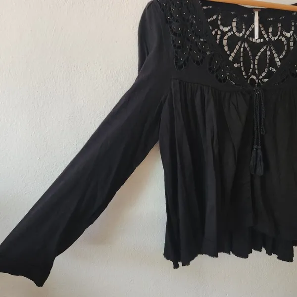 Free People 'Doin' It Right' Button Front Blouse Black Boho Flowy Lace $128 Sz S - Image 6