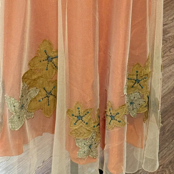 Citrine Midi Skirt Mesh Overlay Burlap-Like Leaf Applique Blue Beads Sequins 14 - Image 2
